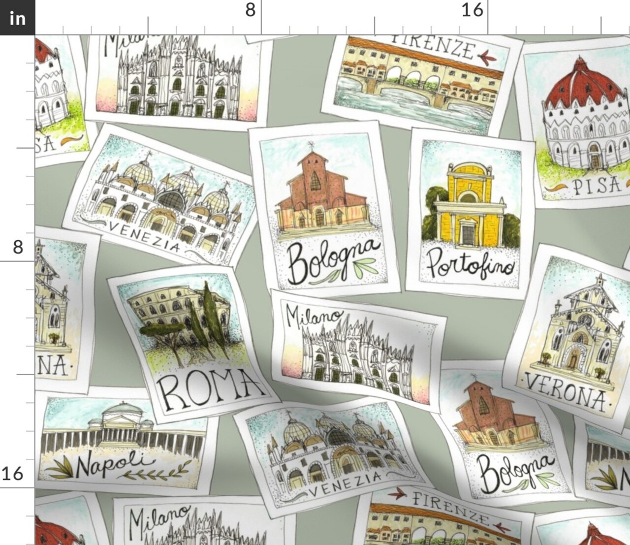 Postcard Vintage Italy Lettering Travel Retro Trip Custom Printed Fabric by Spoonflower Various Fabrics by the Yard or Fat Quarter